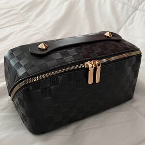 Black Checkered Cosmetic Bag with Gold Accents